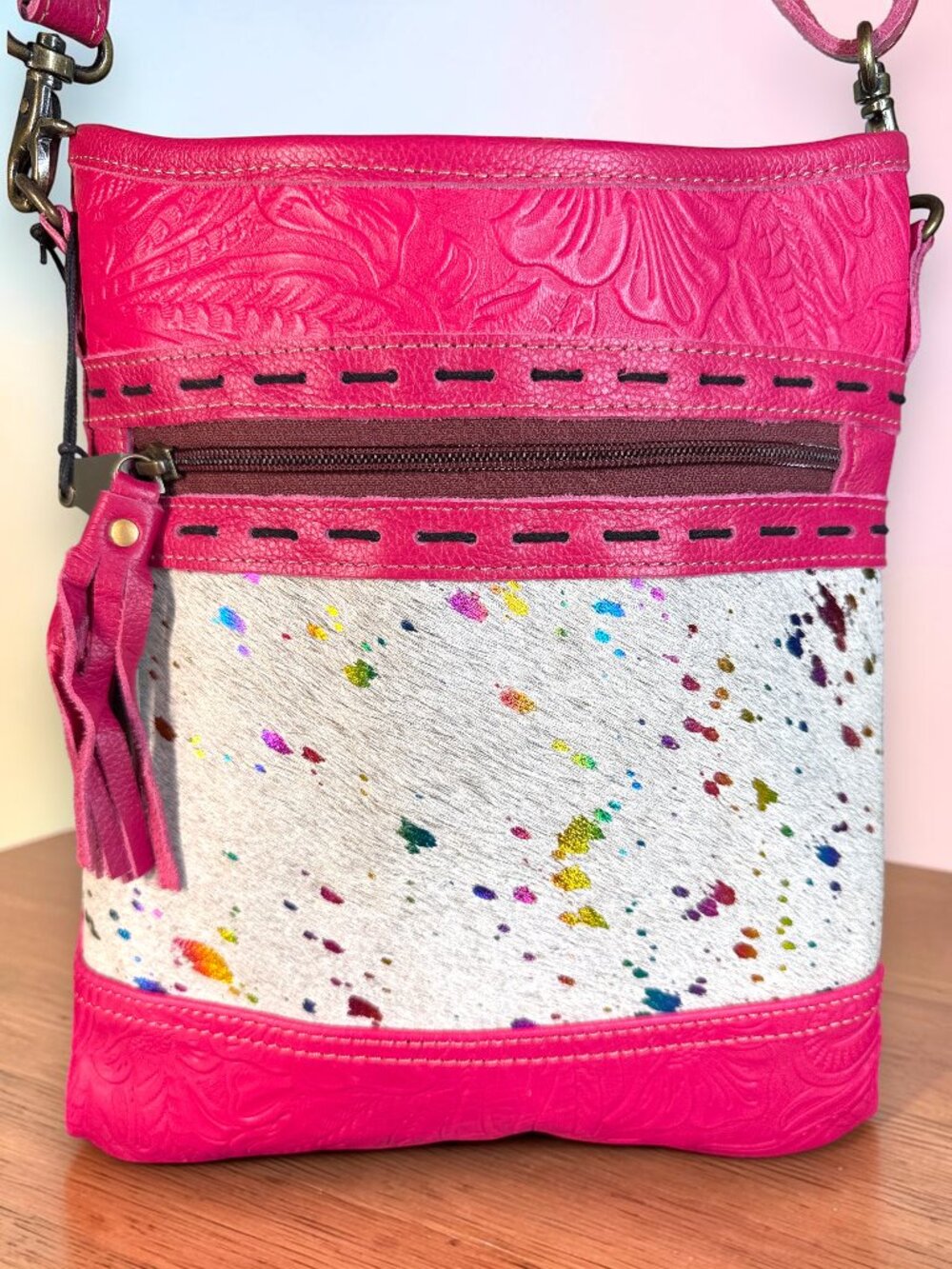 Mrya Bag Rosa Verde Leather, Upcycled Canvas & Hairon Crossbody Bag - NEW - Picture 3 of 13